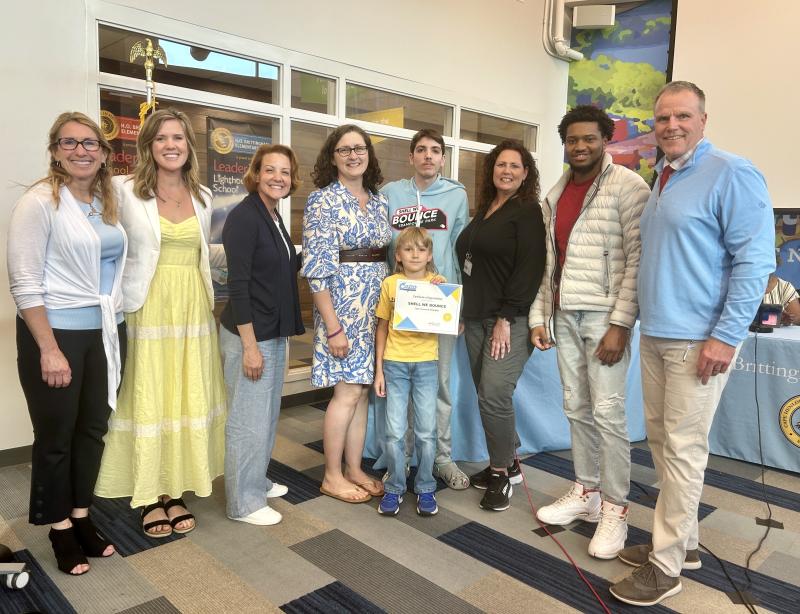 Shell We Bounce was recognized as the May Community Champion at the May 23 Cape Henlopen school board meeting. Gathered are (l-r) Sussex Consortium Principal Vivian Bush, board Vice President and Shell We Bounce co-owner Julie Derrick, board President Alison Myers, Shell We Bounce Manager Heather Rowe, Abraham Buczkowski, Jace Jennings, Sussex Consortium Vocational Coordinator Pamela Graves, DeAndre Sheppard and Superintendent Bob Fulton. ELLEN DRISCOLL PHOTO